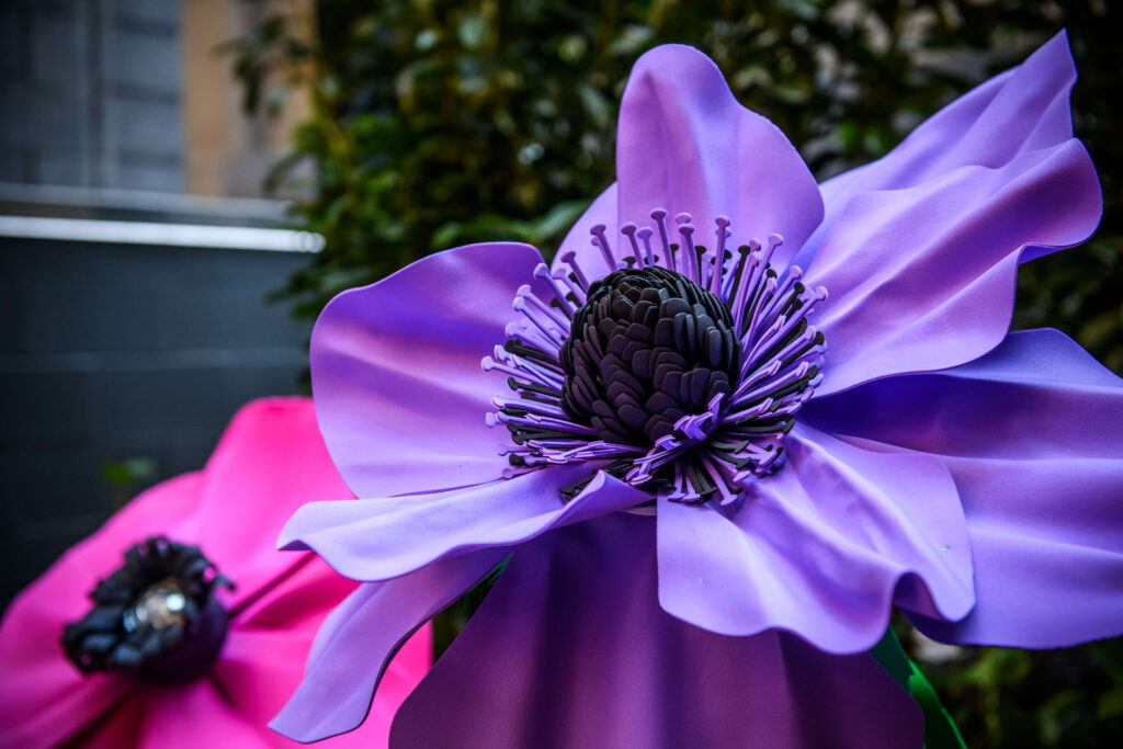 close up of purple and pink oversized floral decorations at bat mitzvah at Fitler Club Philadelphia